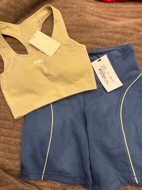 STAX. Olive Green Sports Bra & Blue Athletic Shorts Set